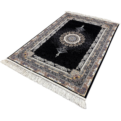 Angled view: black rug with a central medallion, ornate border, and fringes