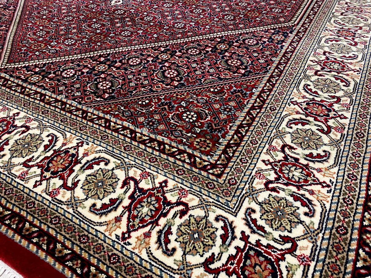Close-up: ornamental pattern and border in red, dark blue, and cream