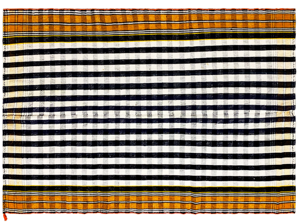 Large-scale Jajim rug with a black-and-white striped grid and an orange edge border