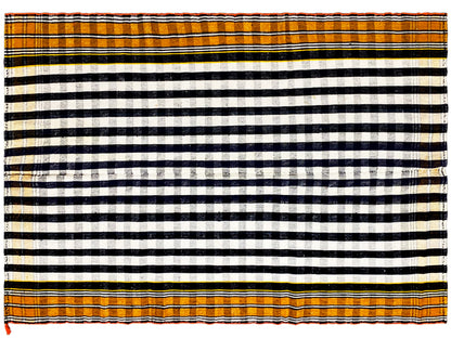 Large-scale Jajim rug with a black-and-white striped grid and an orange edge border