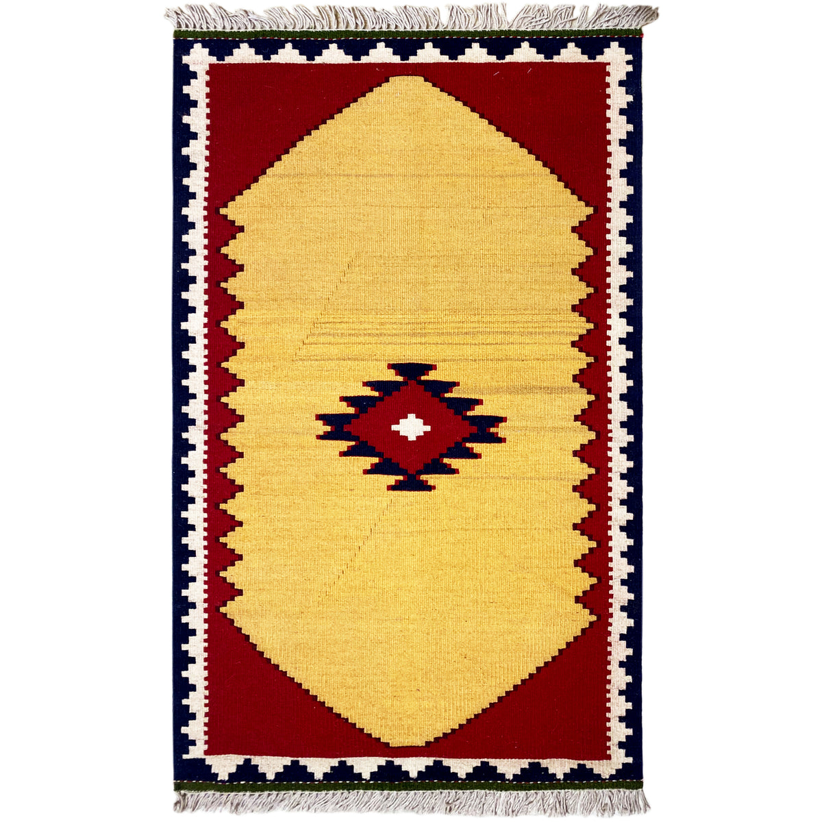 Kilim rug with a yellow central area and red floral/diamond motif, darkly framed