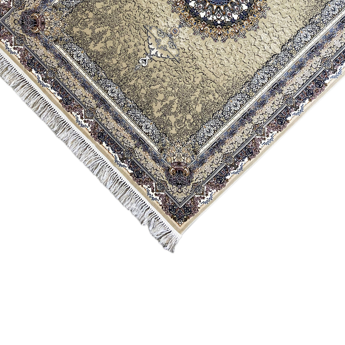 Rug detail: beige medallion pattern, dark blue border, and fringe at the corner