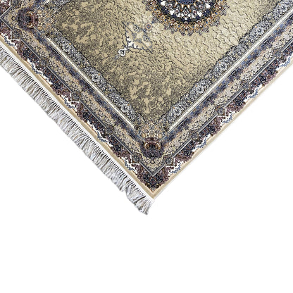 Rug detail: beige medallion pattern, dark blue border, and fringe at the corner
