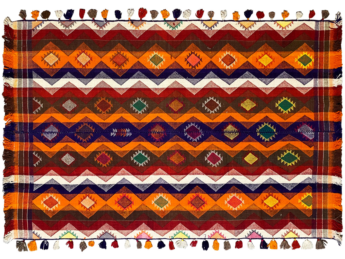 Jajim rug 237x150 cm, flat-weave, wide patterned band with diamonds and zigzags