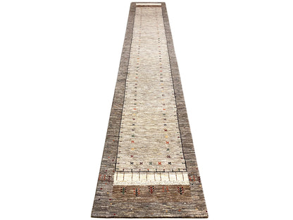 Gabbeh runner from the front: narrow hallway runner with a light beige central stripe and border