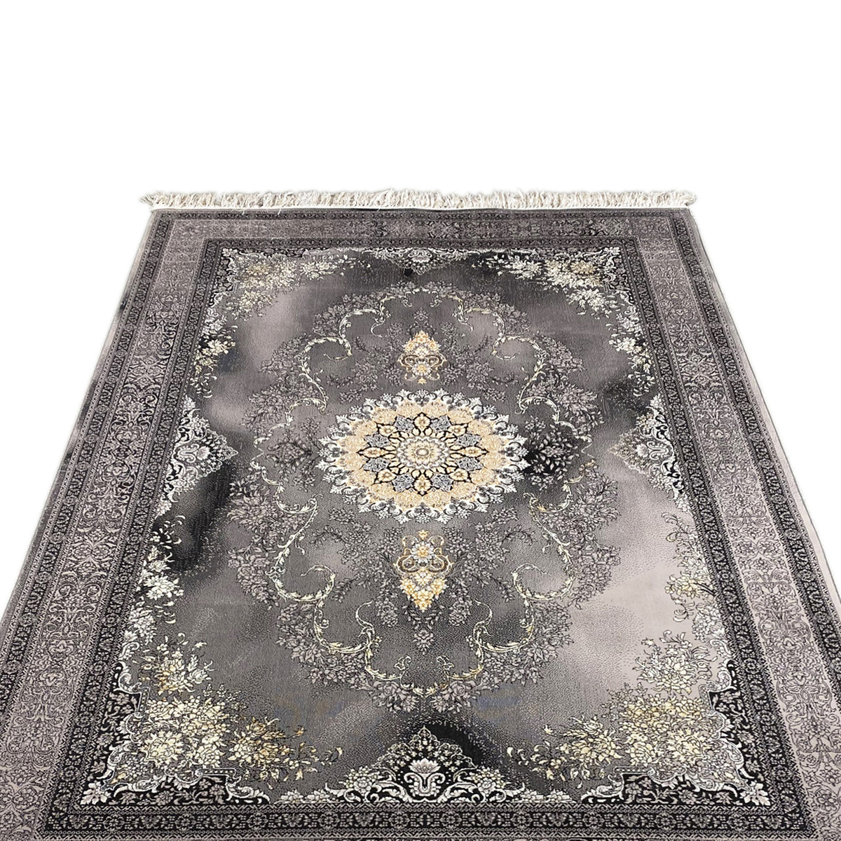 Kashan carpet with a central medallion, gray background, gold and white ornaments, and fringes