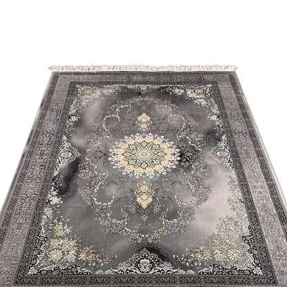 Kashan carpet with a central medallion, gray background, gold and white ornaments, and fringes