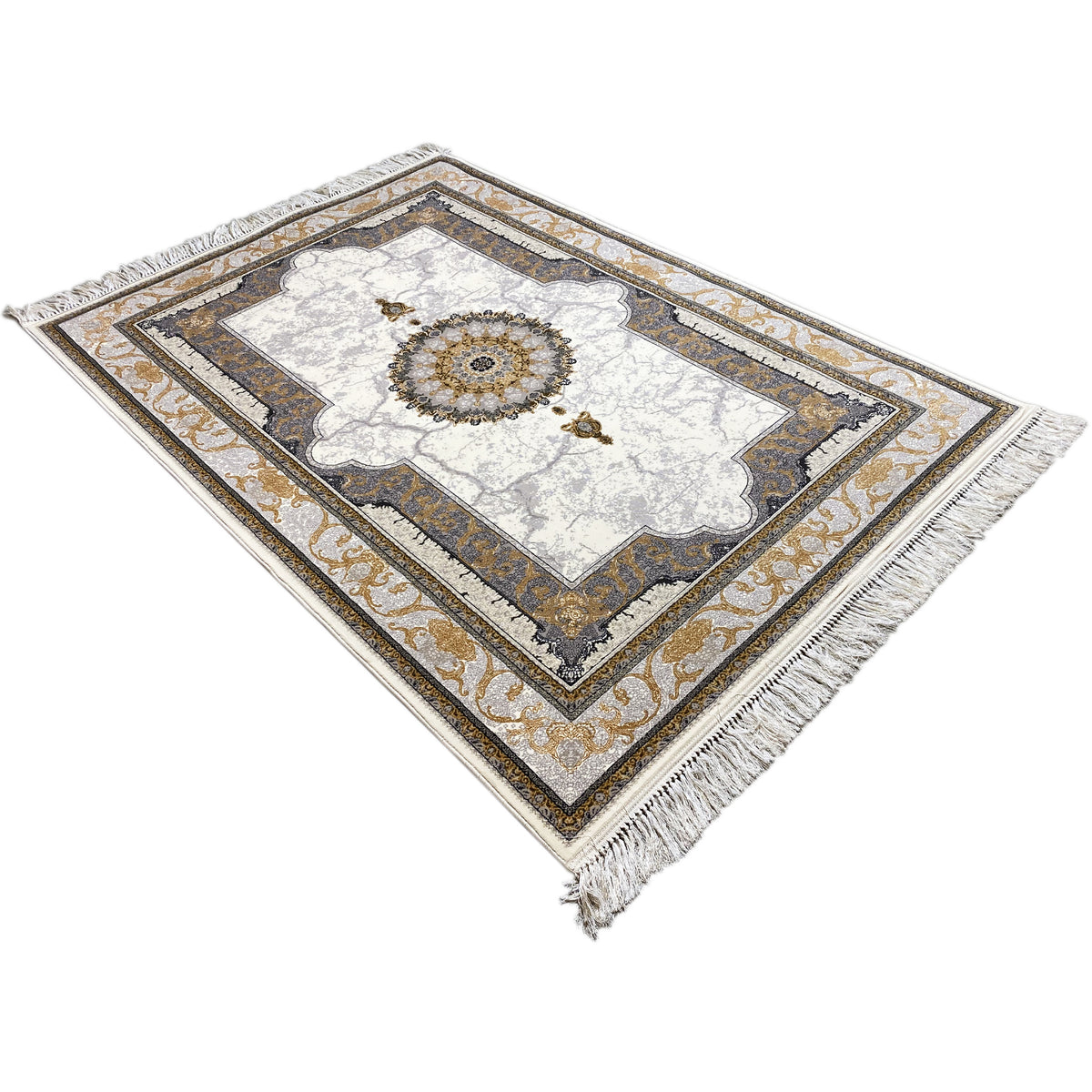 Cream-colored rug with an ornamental pattern and fringes, approx. 160×230 cm