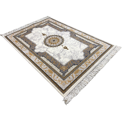 Cream-colored rug with an ornamental pattern and fringes, approx. 160×230 cm