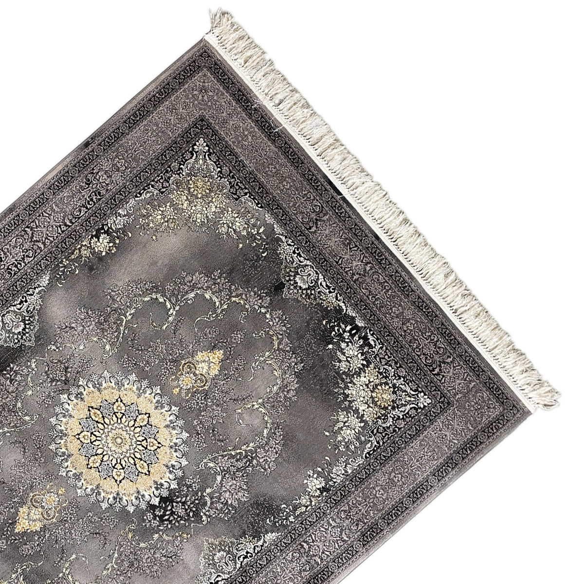 Kashan rug displayed diagonally: gray medallion pattern, ornamental border, and white fringes