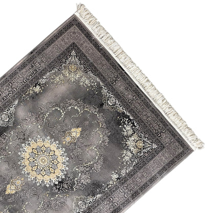 Kashan rug displayed diagonally: gray medallion pattern, ornamental border, and white fringes
