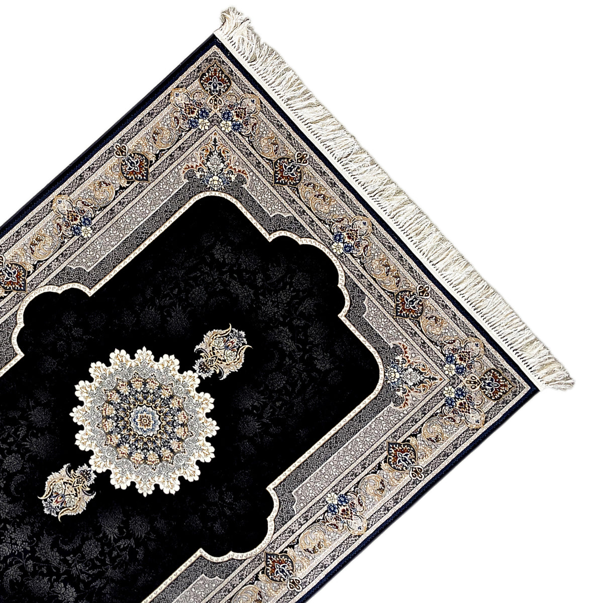 Black rug with an ornamental medallion and silver border, fringed edge