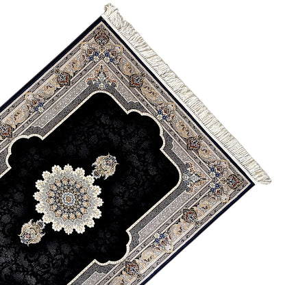 Black rug with an ornamental medallion and silver border, fringed edge