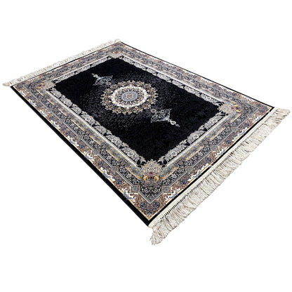 Black Oriental rug with a medallion pattern, wide border, and fringes