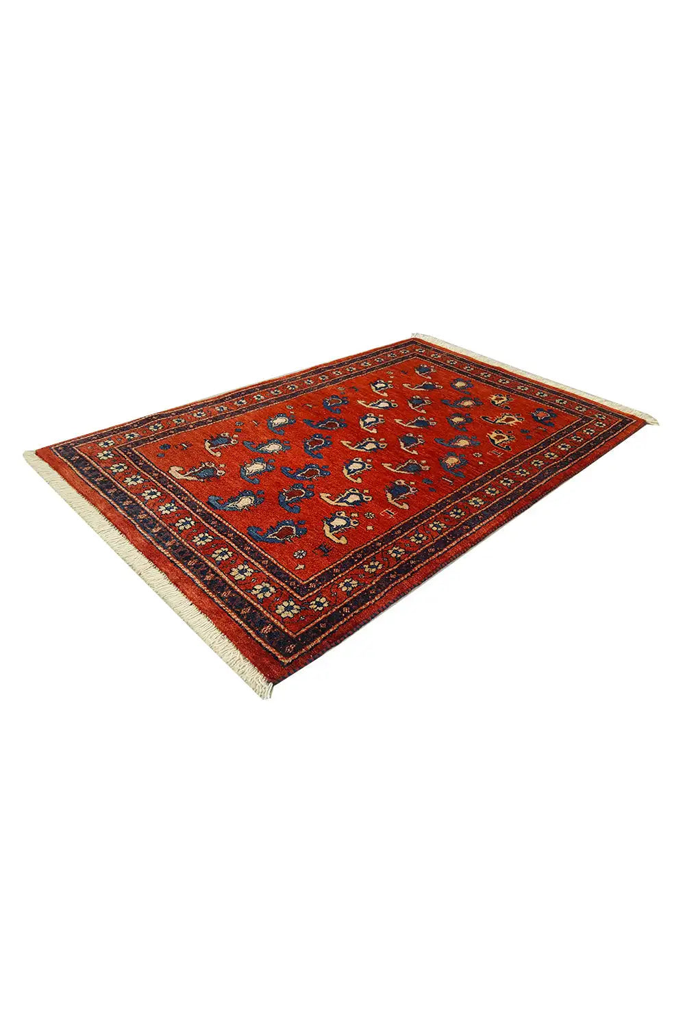 Oriental rug 126×81 cm, red field with blue ornament, diagonal view