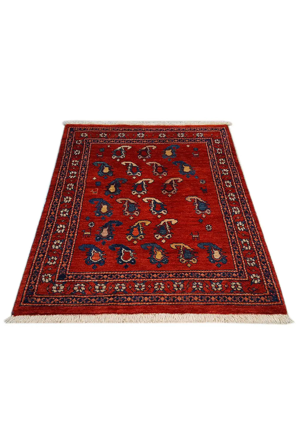 Rug 104x77 cm with a red background and blue medallion pattern, with fringes