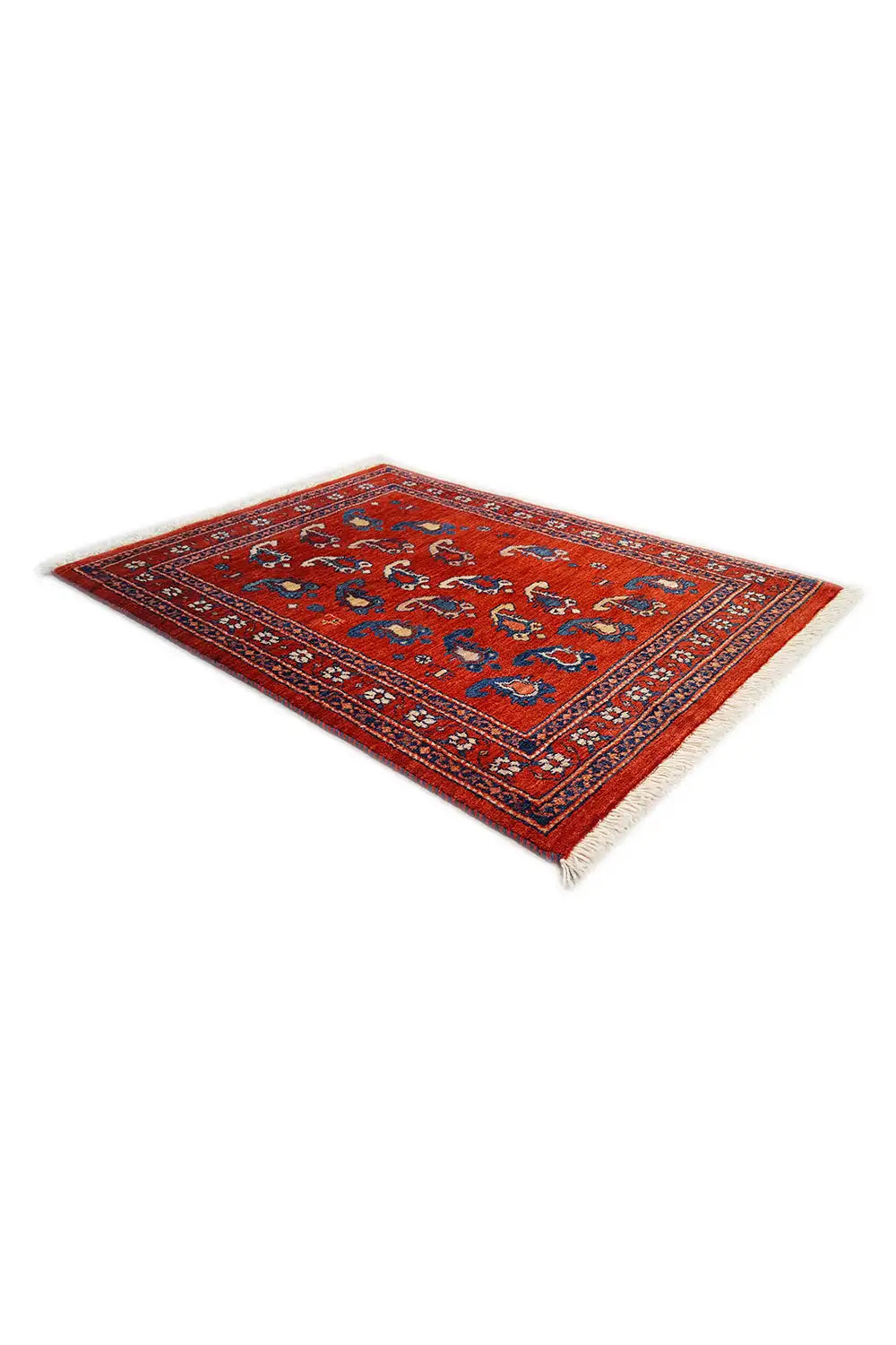 Rug 104x77 cm with a red background, blue ornamental pattern, and short fringes