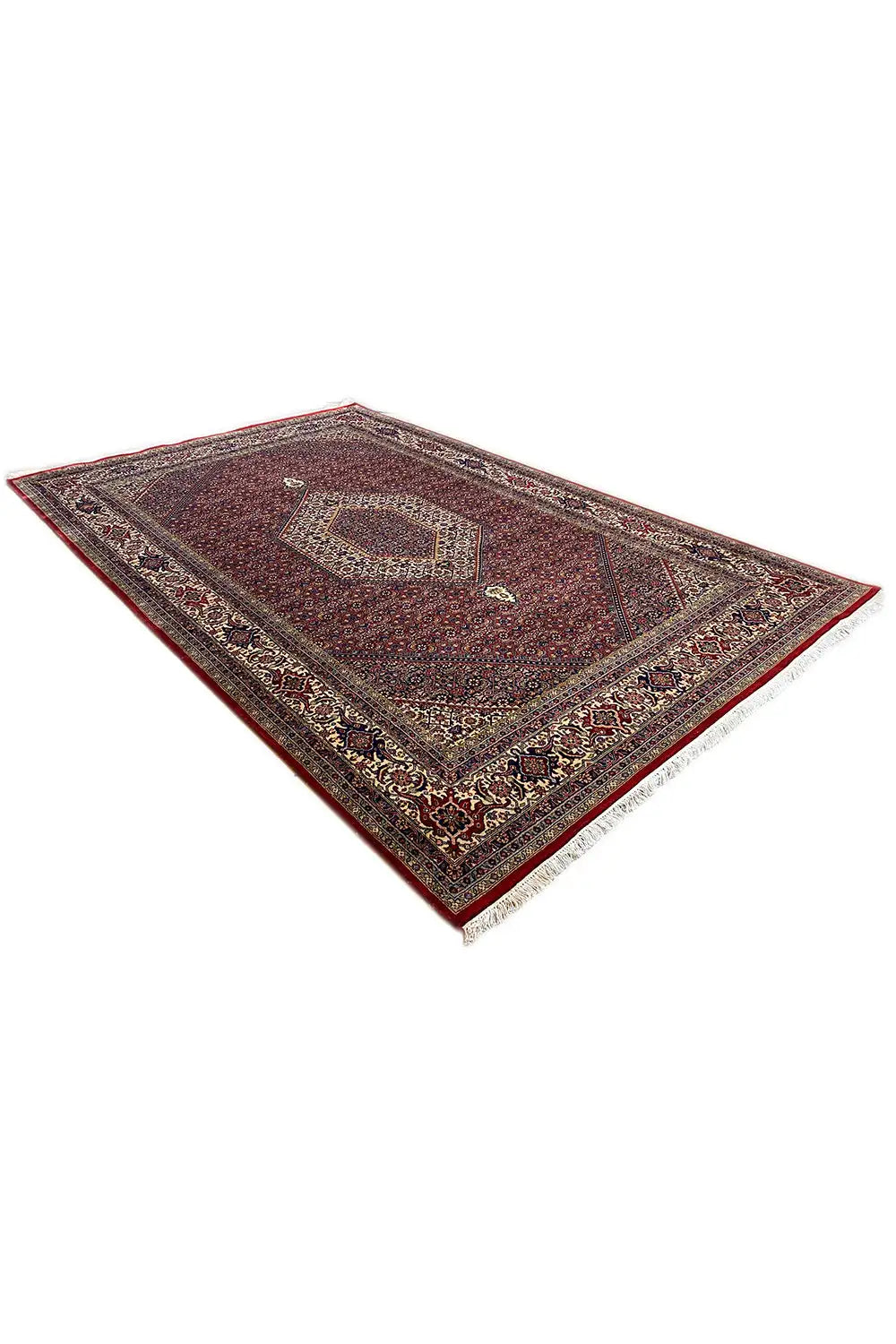 Bidjar rug 303x200 cm, photographed at an angle, red field with geometric medallion