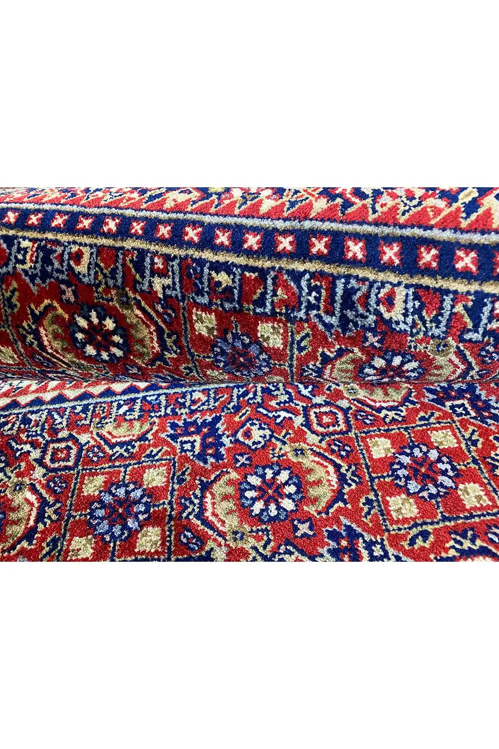 Bidjar rug detail: blue border with red ornaments and small medallions
