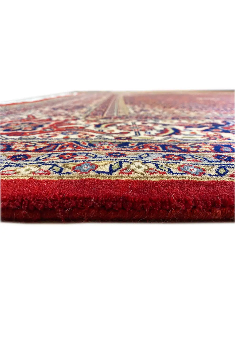 Bidjar rug edge view: red-bordered fringes, multicolored pattern on the surface
