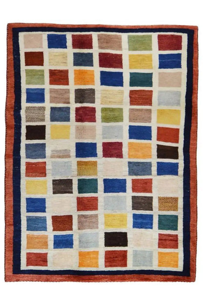 Gabbeh rug (185x135 cm), square diamond pattern with colorful fields and a dark border