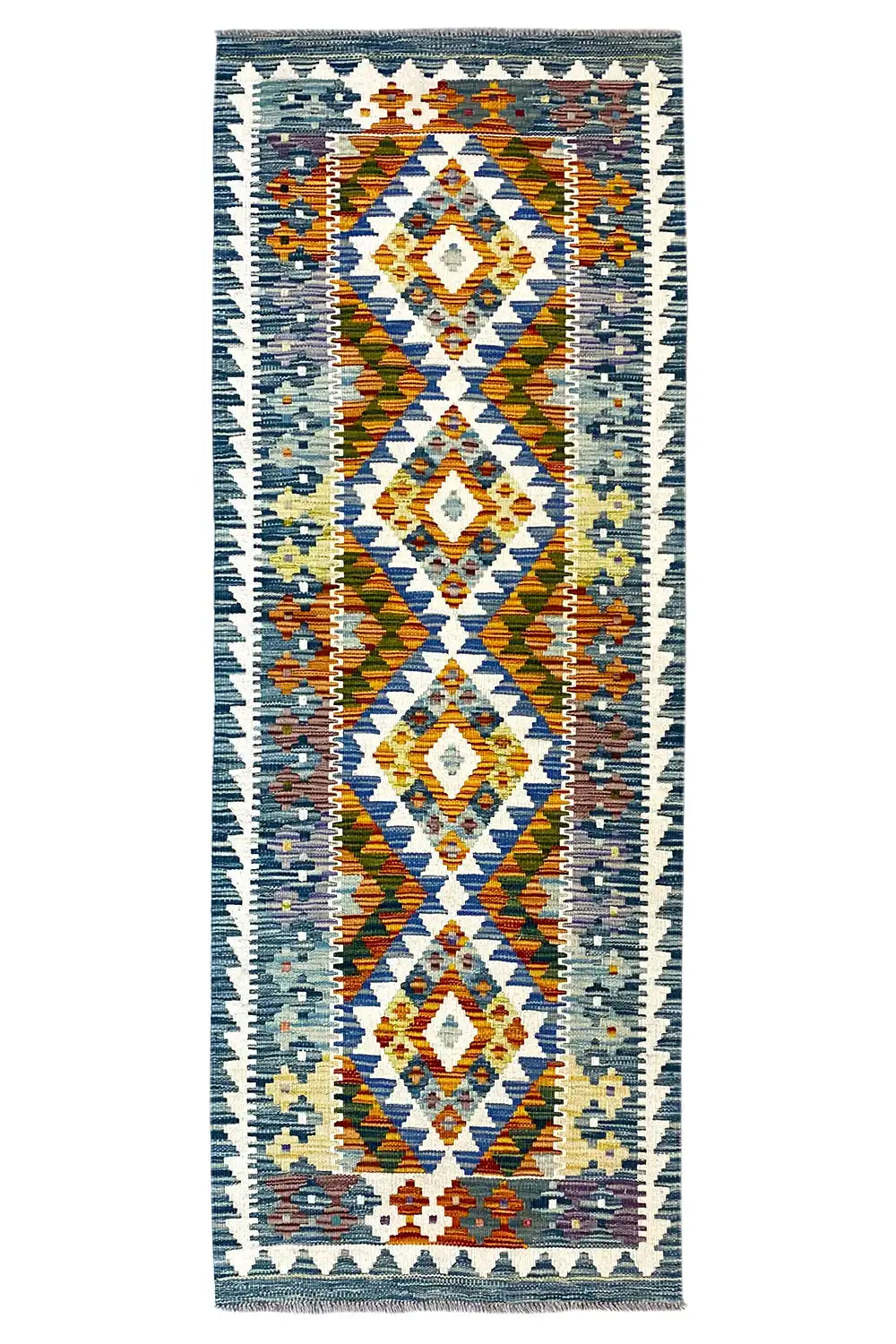 Afghan kilim runner with diamond and zigzag pattern, multicolored, hemmed.
