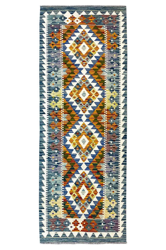 Afghan kilim runner with diamond and zigzag pattern, multicolored, hemmed.