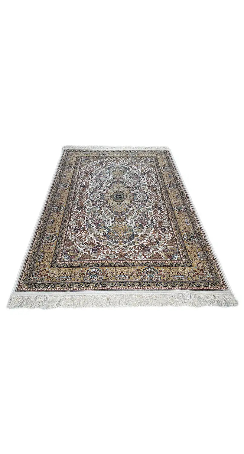 Flat-laid rug with medallion design, multicolored, light-colored fringe on the edges