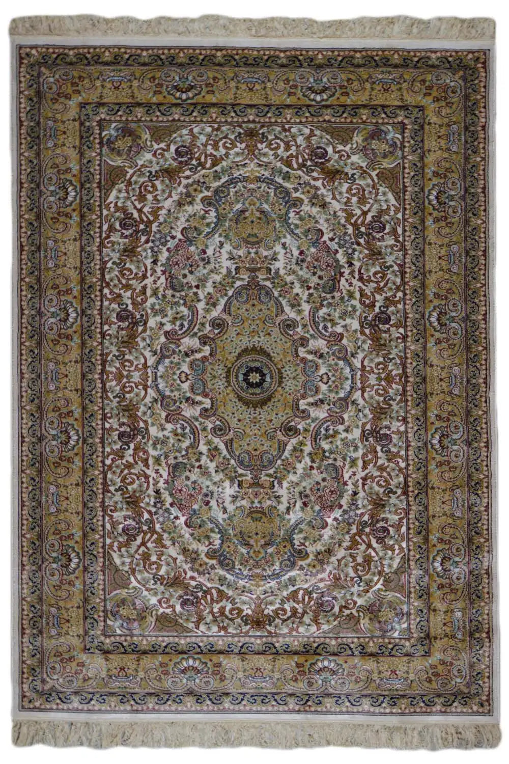 Machine-woven rug with an oriental medallion pattern, beige-brown-blue, fringed edges