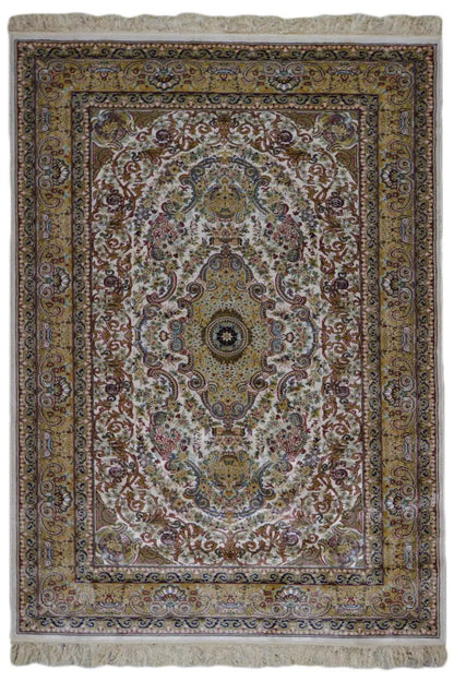 Machine-woven rug with an oriental medallion pattern, beige-brown-blue, fringed edges