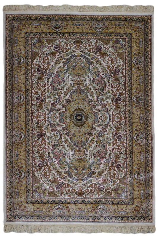 Machine-woven rug with an oriental medallion pattern, beige-brown-blue, fringed edges