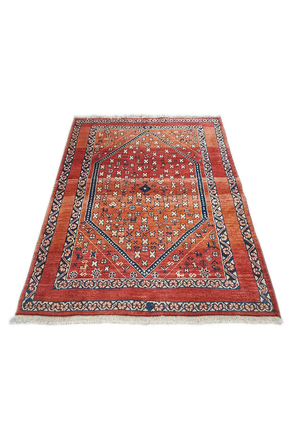Oriental rug, red base color, blue-framed ornaments and borders