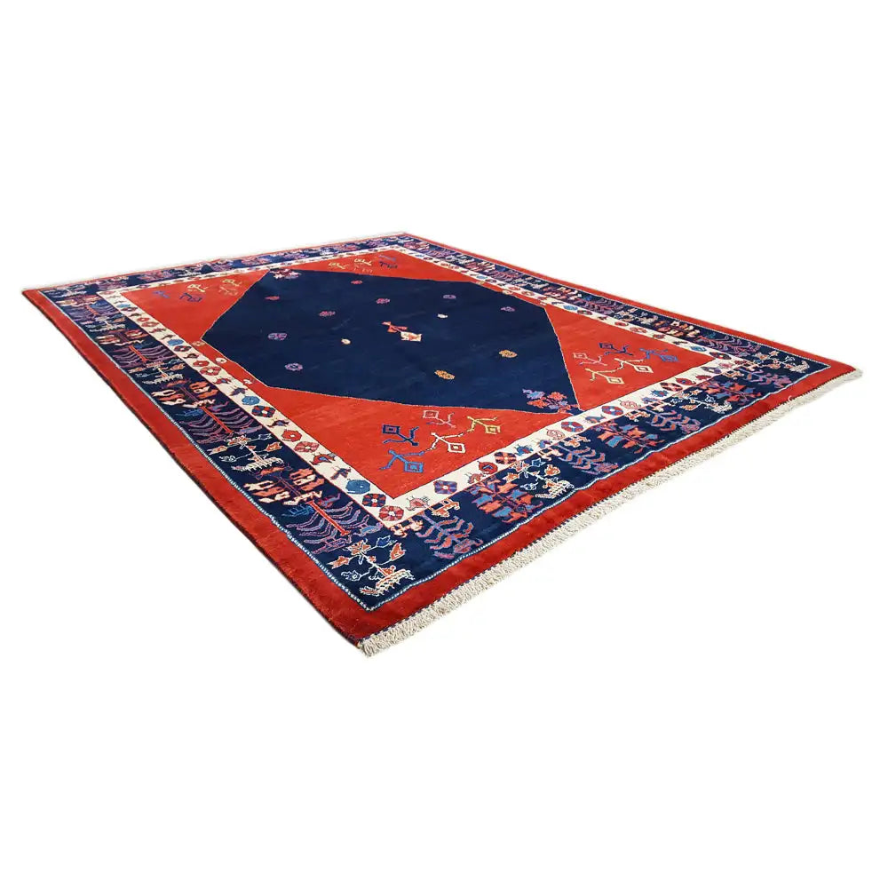 Rectangular rug: Red and Dark Blue with Patterned Medallion and Border