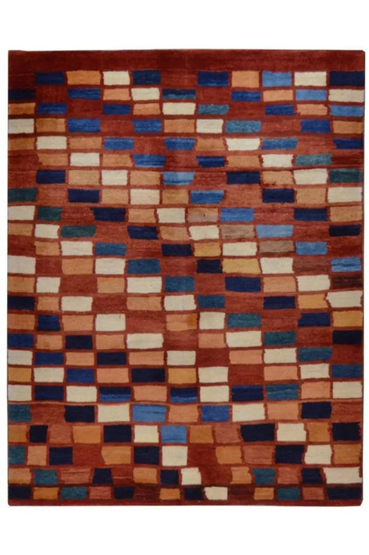 Rectangular Gabbeh rug with a square pattern in red, blue, beige, and dark brown