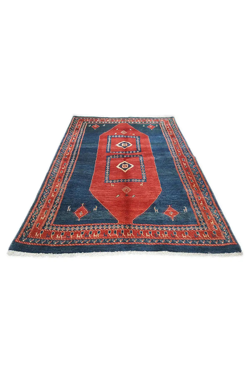 Oriental rug with a blue field, red central band, and decorative border