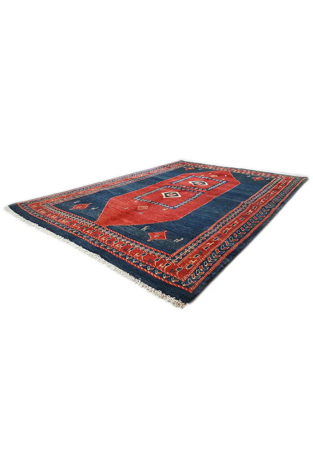Blue and red rug with central medallions and geometric patterns