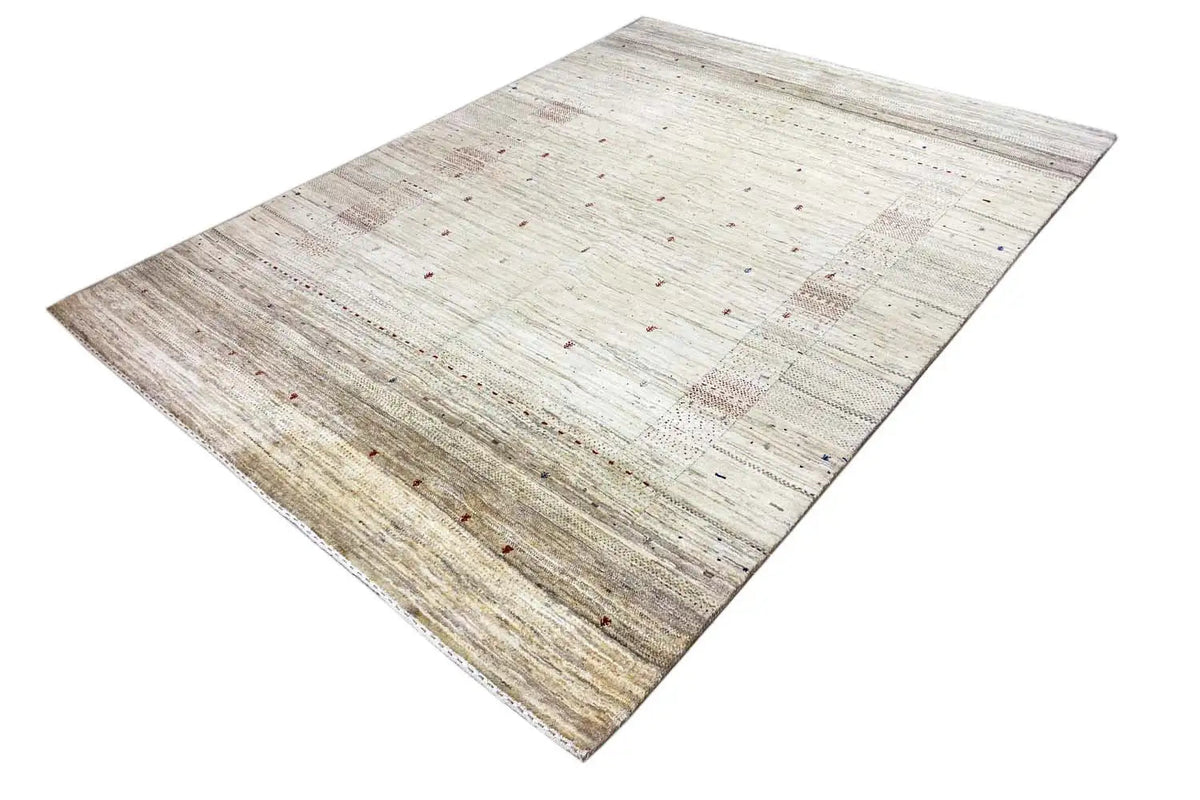 Gabbeh rug, cream with beige/gray stripes and colorful dots