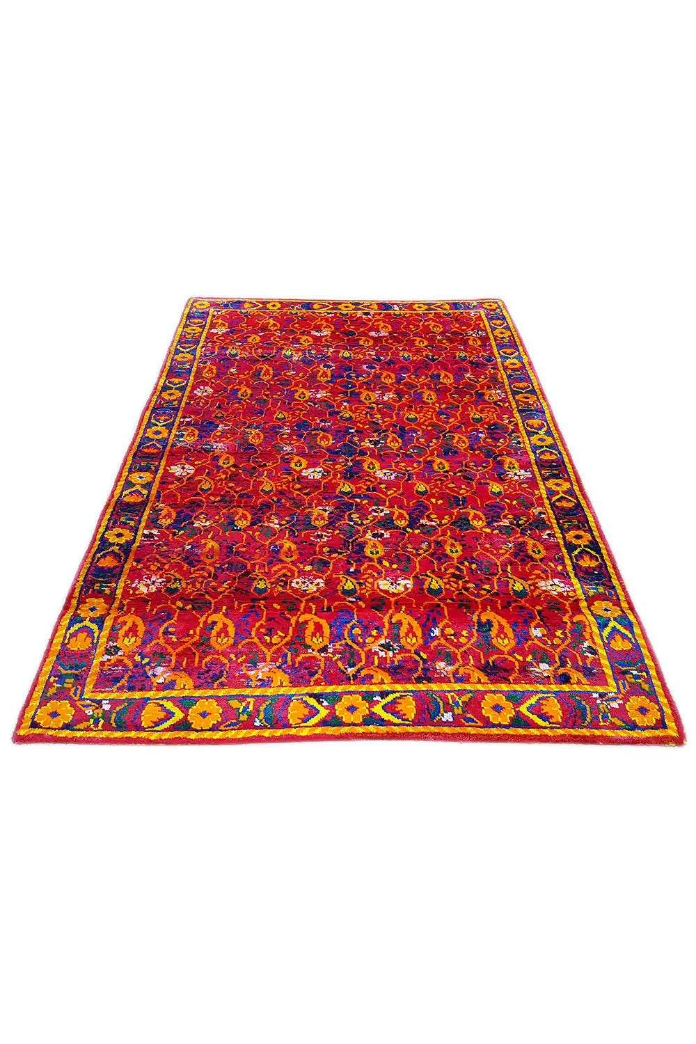Silk sari rug, flat from above, red-and-blue pattern with a gold decorative border