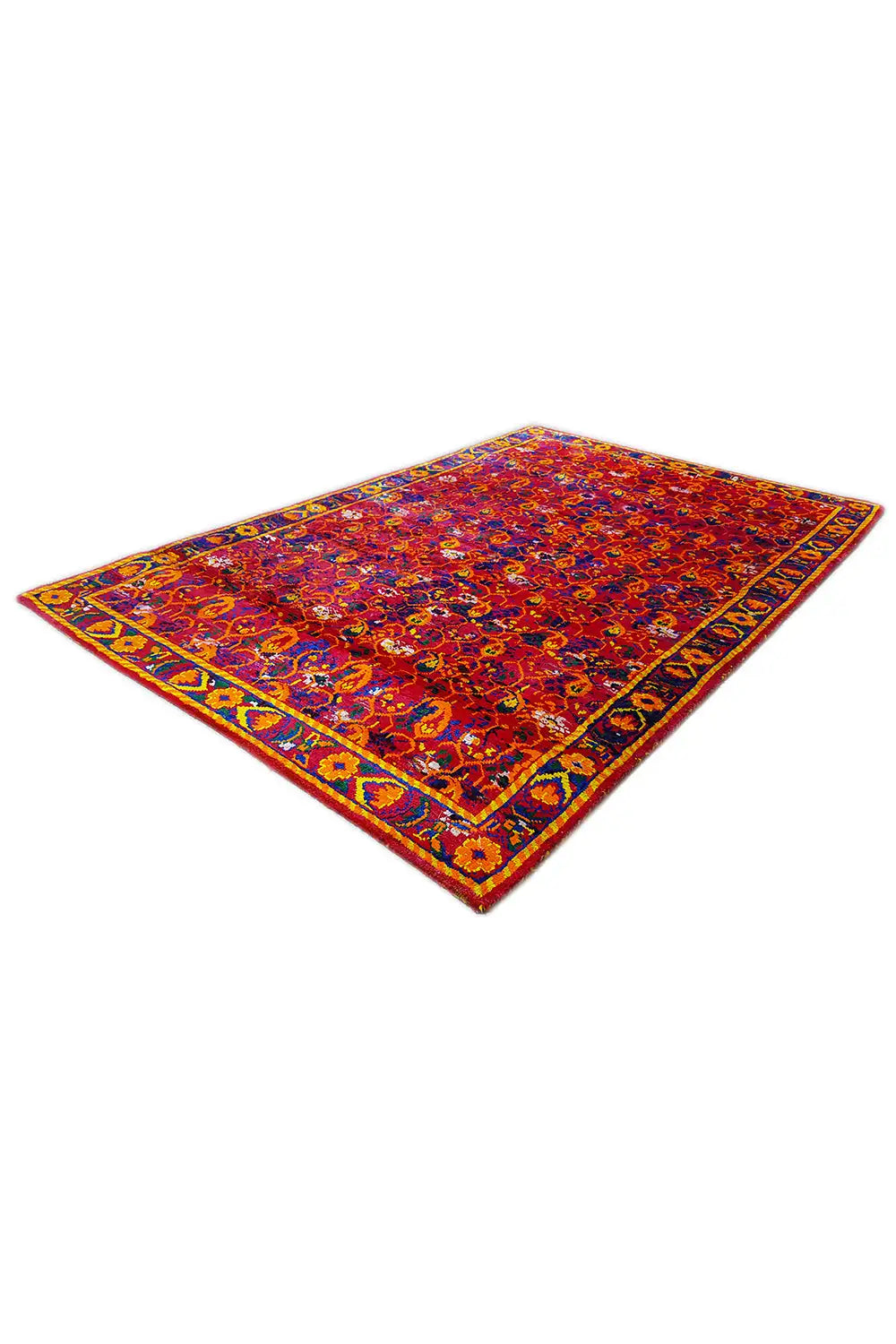 Sari silk rug laid as a diamond, red-and-blue ornamental pattern with border