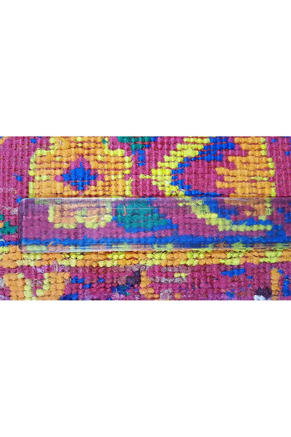 Sari silk rug detail at the edge: multicolored threads in blue, pink, and yellow