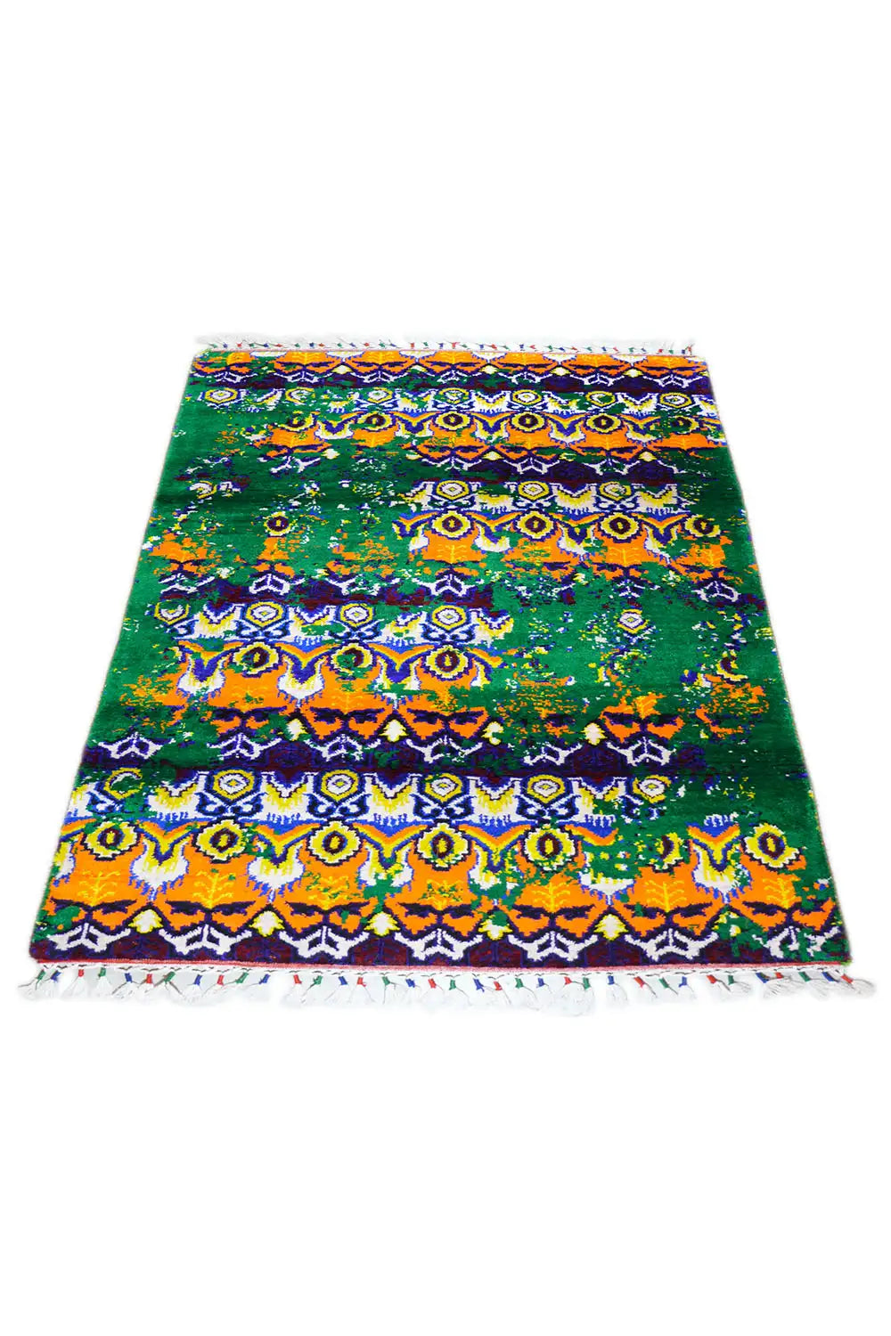 Silk sari rug with a multicolored ornamental pattern and side fringes, 189x120 cm
