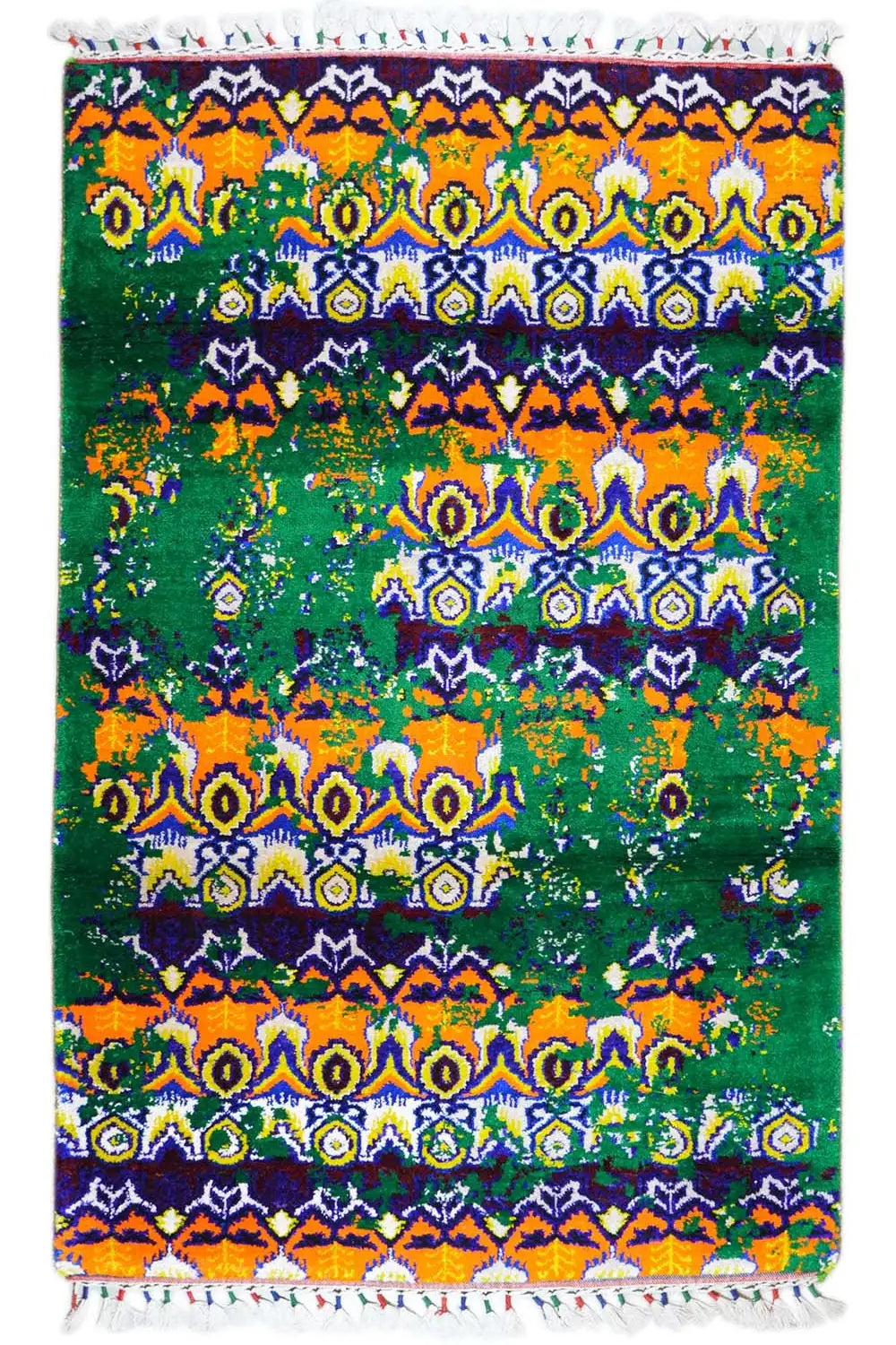 Silk sari rug with a multicolored ornamental pattern and fringes, approx. 189 x 120 cm