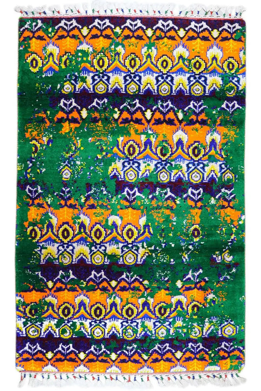 Silk sari rug with a multicolored ornamental pattern and fringes, approx. 189 x 120 cm