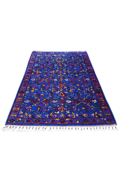 Blue silk scarf with a colorful pattern, approx. 190x122 cm, fringed edges