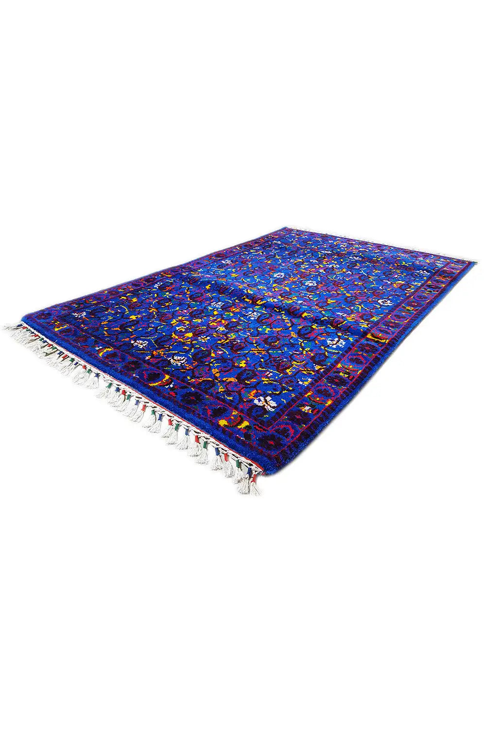 Folded blue silk scarf with a colorful ornamental pattern, approx. 190x122 cm, fringes