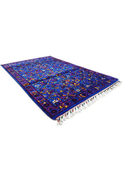 Blue silk scarf with a colorful ornamental pattern, approx. 190x122 cm, fringes at the corners