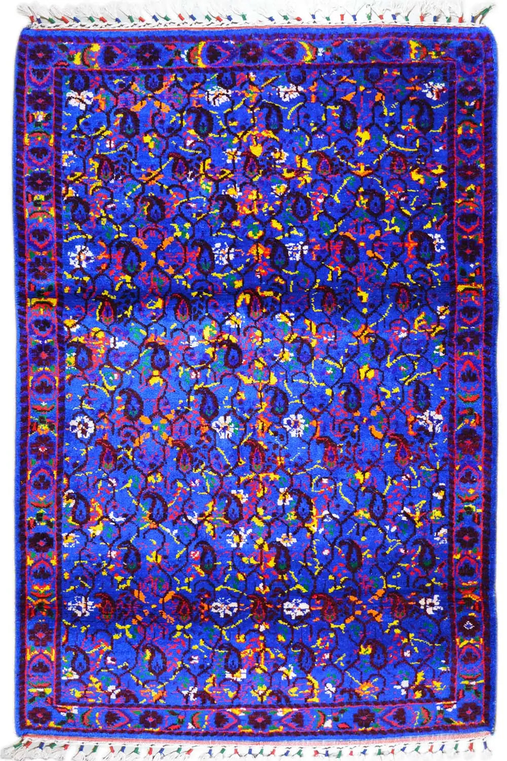 Blue silk scarf with a colorful ornamental pattern, approx. 190x122 cm, with fringes