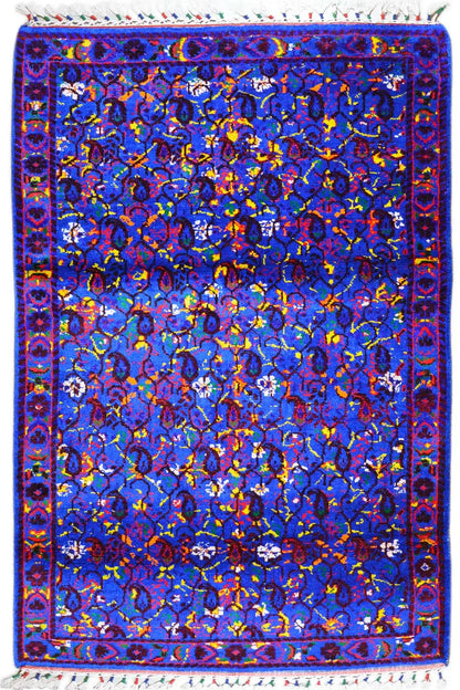 Blue silk scarf with a colorful ornamental pattern, approx. 190x122 cm, with fringes
