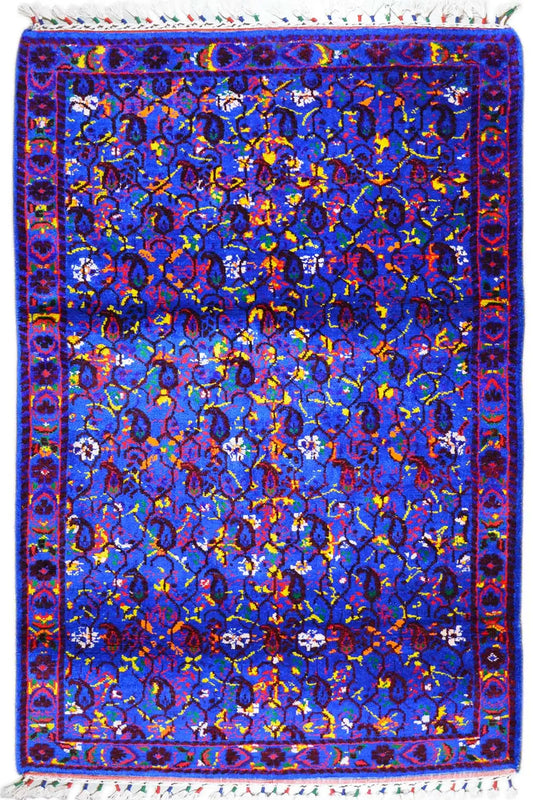 Blue silk scarf with a colorful ornamental pattern, approx. 190x122 cm, with fringes