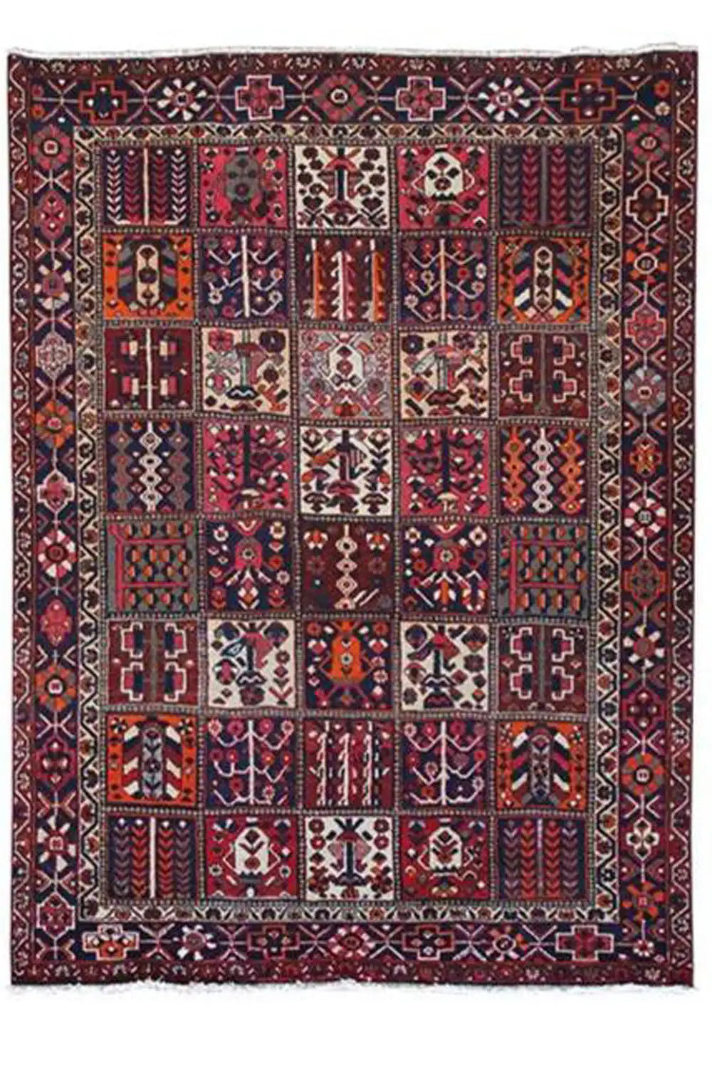 Rug 310x209 cm, front view; rectangular pattern with diamonds and ornaments in burgundy and blue